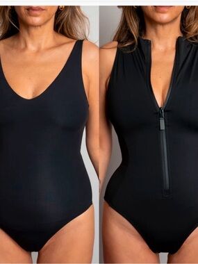 Black Zip-Front One-Piece Swimsuit by